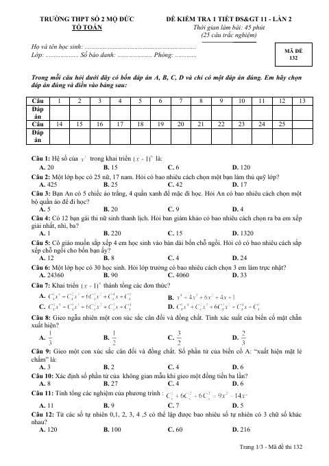 Đề kiểm tra 1 tiết Đại số và Giải tích 11 chương 2 trường Mộ Đức 2 – Quảng Ngãi (bản Word)